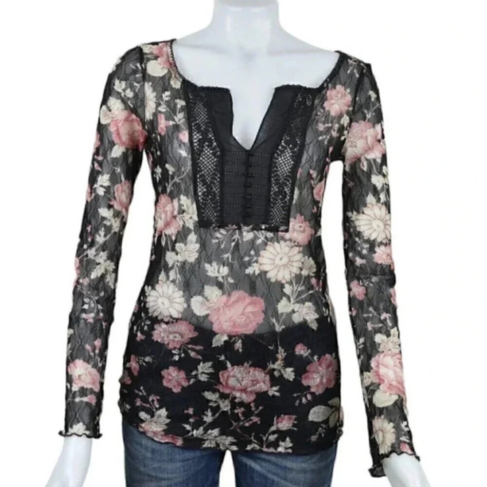 Ralph Lauren Denim & Supply Floral Sheer Blouse Black Pink Long Sleeve Medium